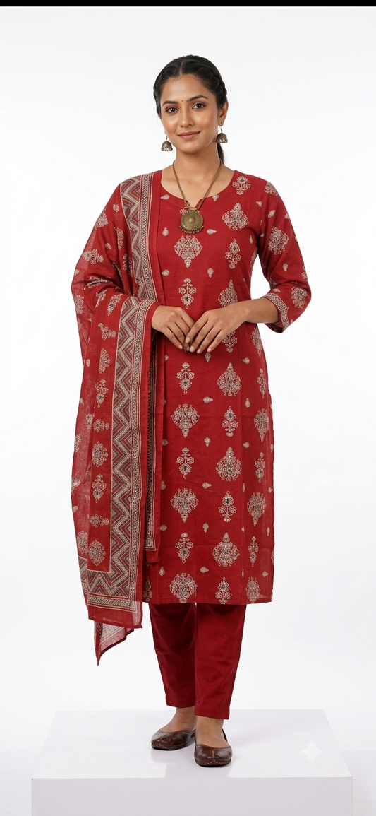 Deep Maroon Ethnic Motif 3-Piece Cotton Kurti Set