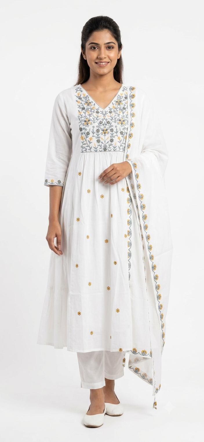 Elegant White & Floral Embroidered Mul Chanderi 3-Piece Kurti Set