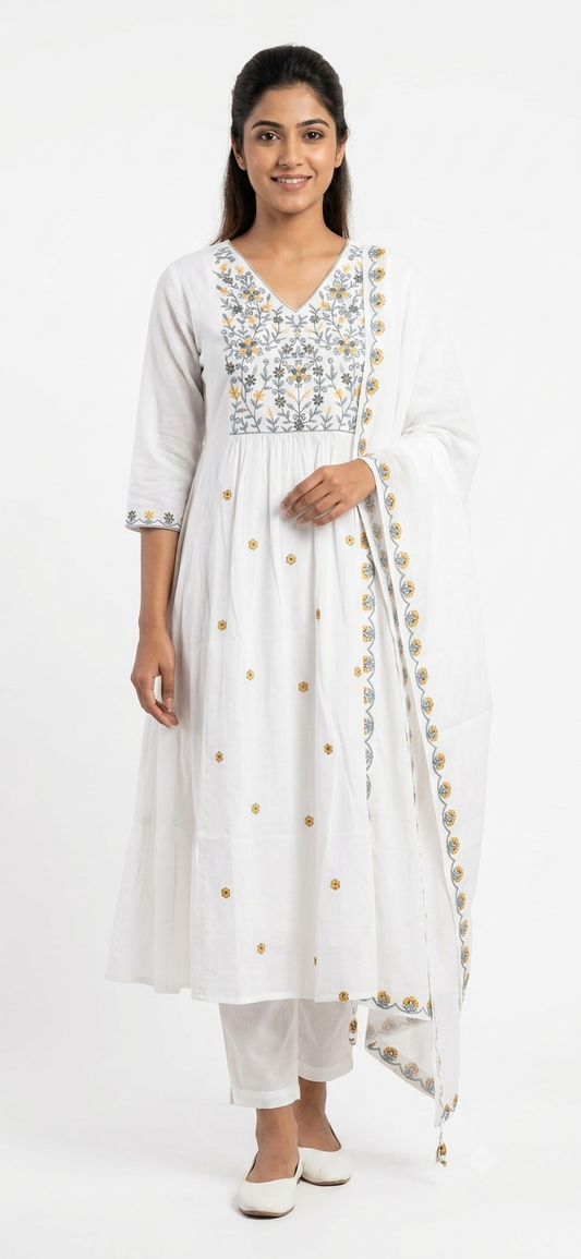 Elegant White & Floral Embroidered Mul Chanderi 3-Piece Kurti Set