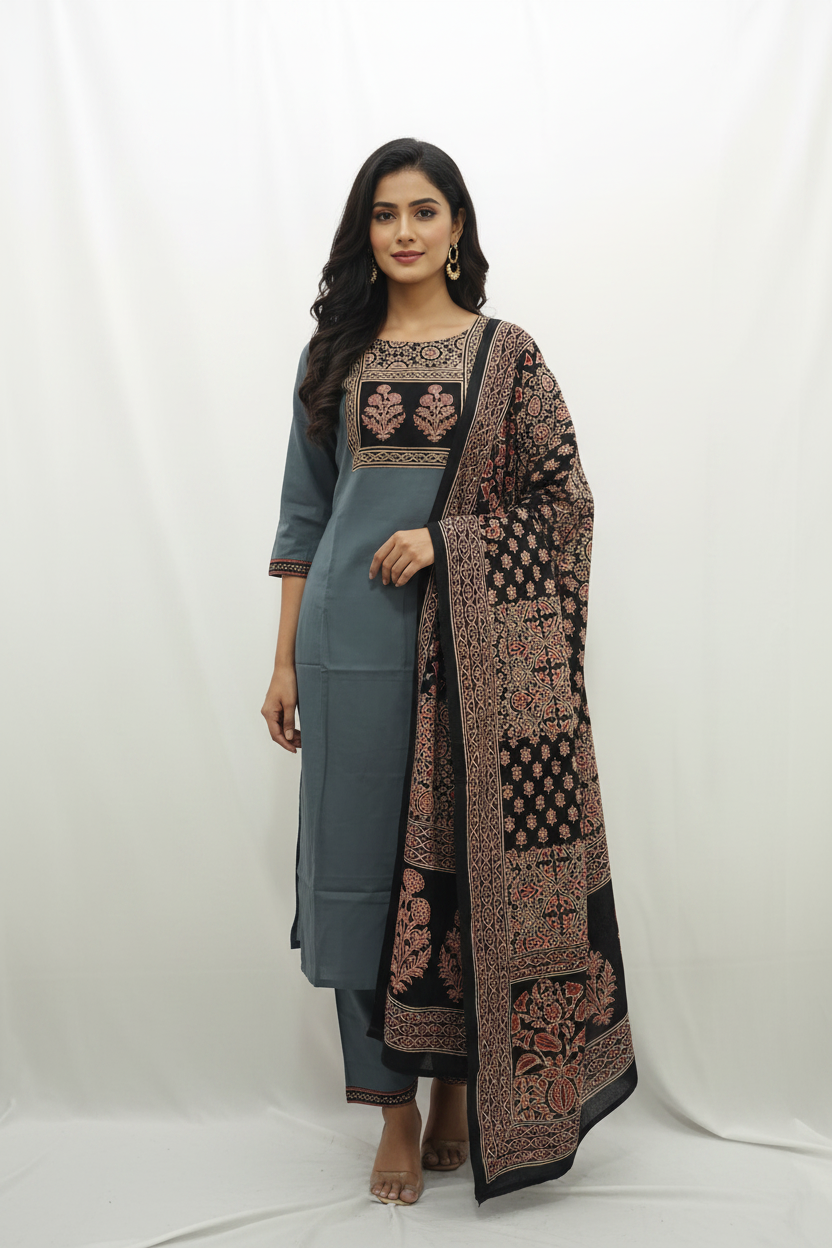 Traditional Block-Print Inspired 3-Piece Kurta Set Collection