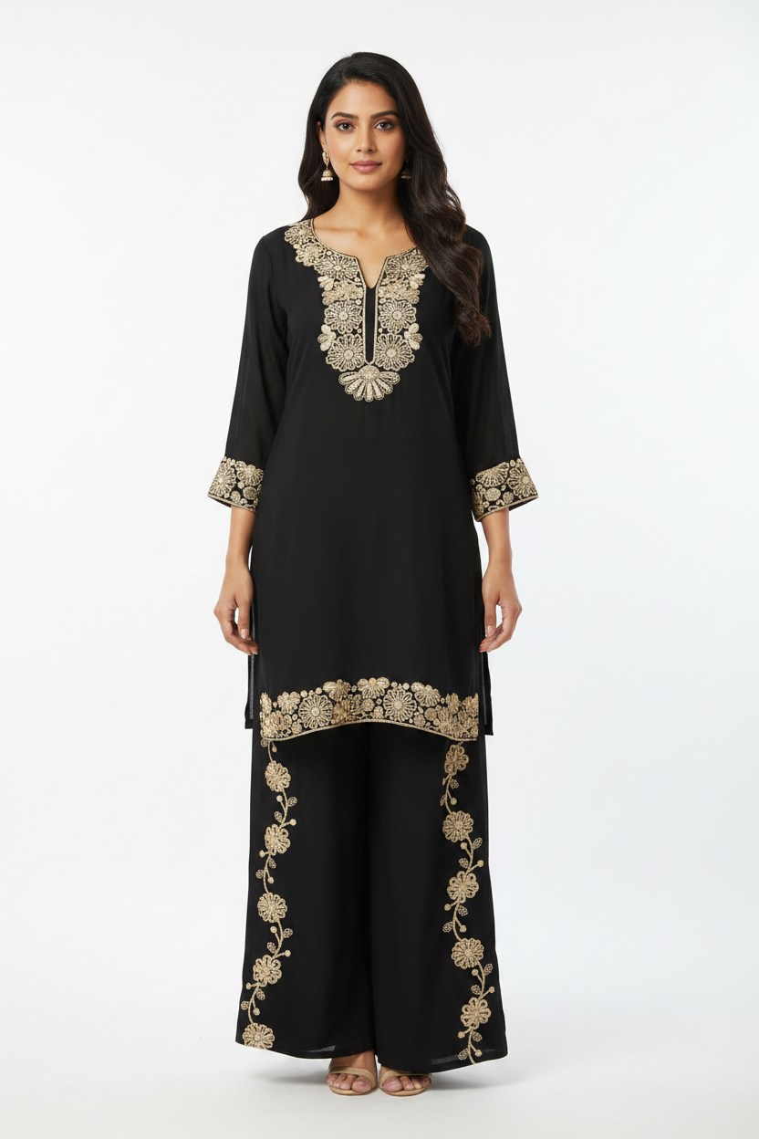 Midnight Noir Embroidered Tunic & Palazzo Set