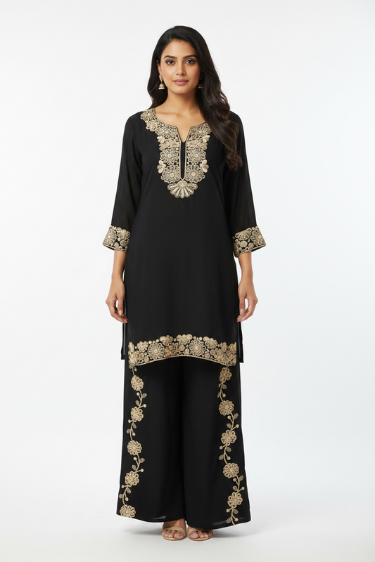 Midnight Noir Embroidered Tunic & Palazzo Set