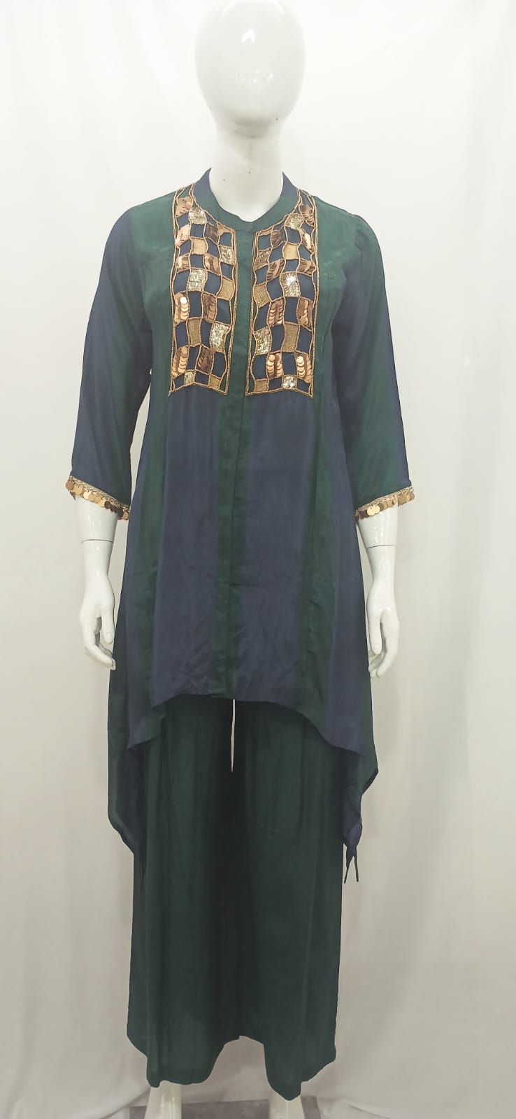 Emerald & Navy Dual-Tone High-Low Co-Ord Set with Sequin Embroidery