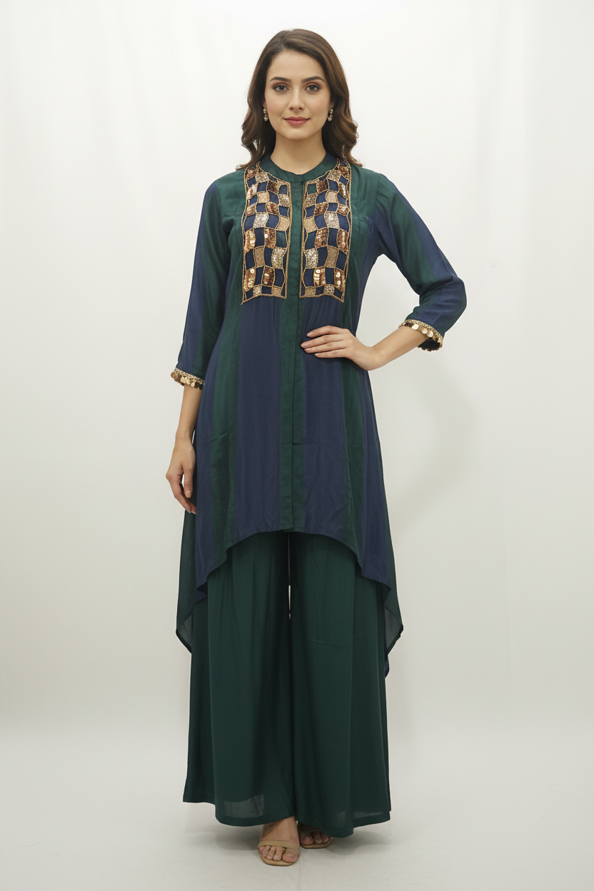 Emerald & Navy Dual-Tone High-Low Co-Ord Set with Sequin Embroidery