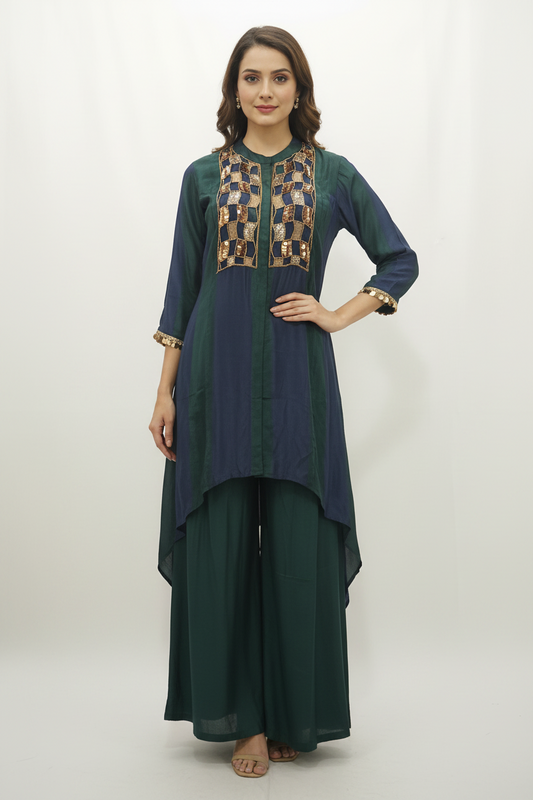 Emerald & Navy Dual-Tone High-Low Co-Ord Set with Sequin Embroidery