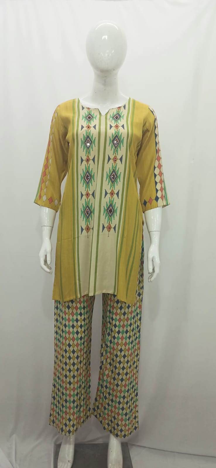 Mustard Yellow & Green Ikat-Inspired Straight Kurti with Harlequin Diamond Pants
