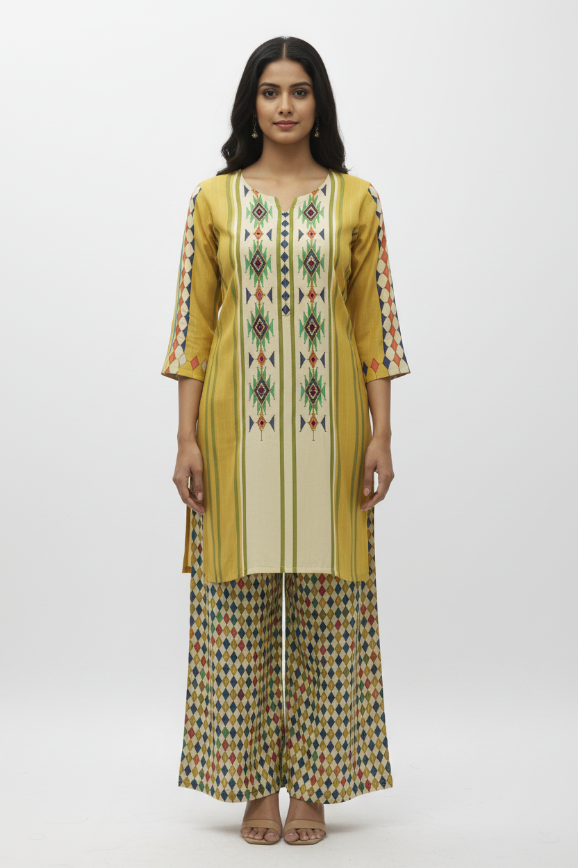 Mustard Yellow & Green Ikat-Inspired Straight Kurti with Harlequin Diamond Pants