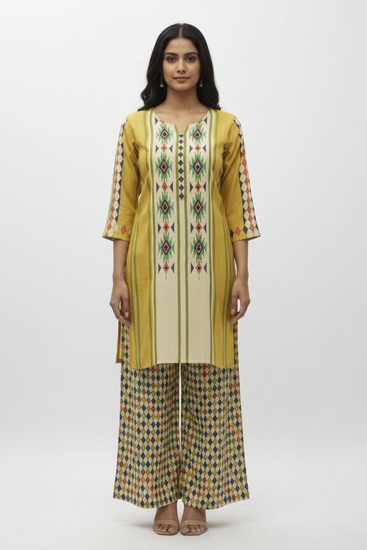 Mustard Yellow & Green Ikat-Inspired Straight Kurti with Harlequin Diamond Pants