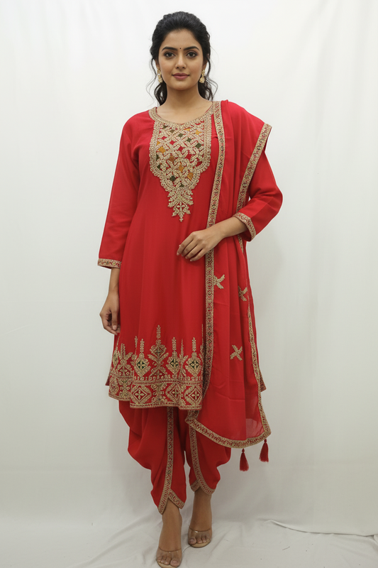 Festive Embroidered Kurta & Dhoti Pant Set with Dupatta