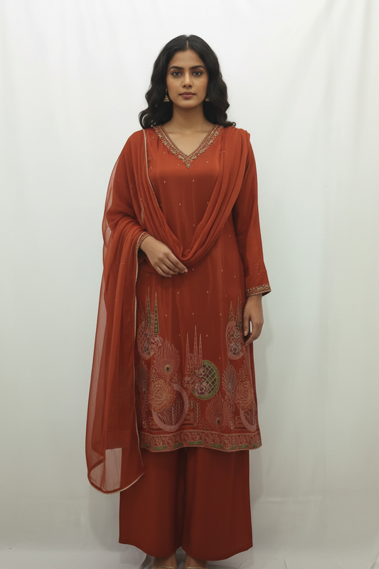 Rust-Copper Silk Salwar Kameez Suit Set with Dupatta