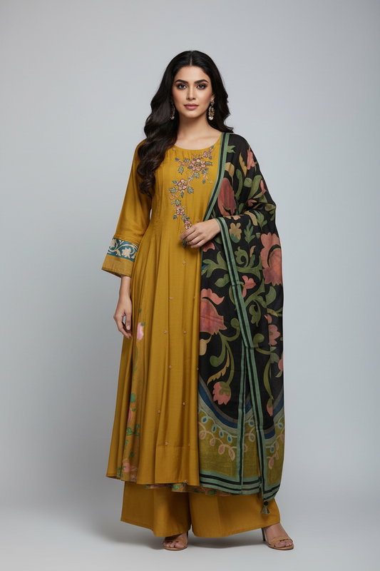 Mustard Yellow Floral Embroidered Anarkali Set with Contrast Dupatta