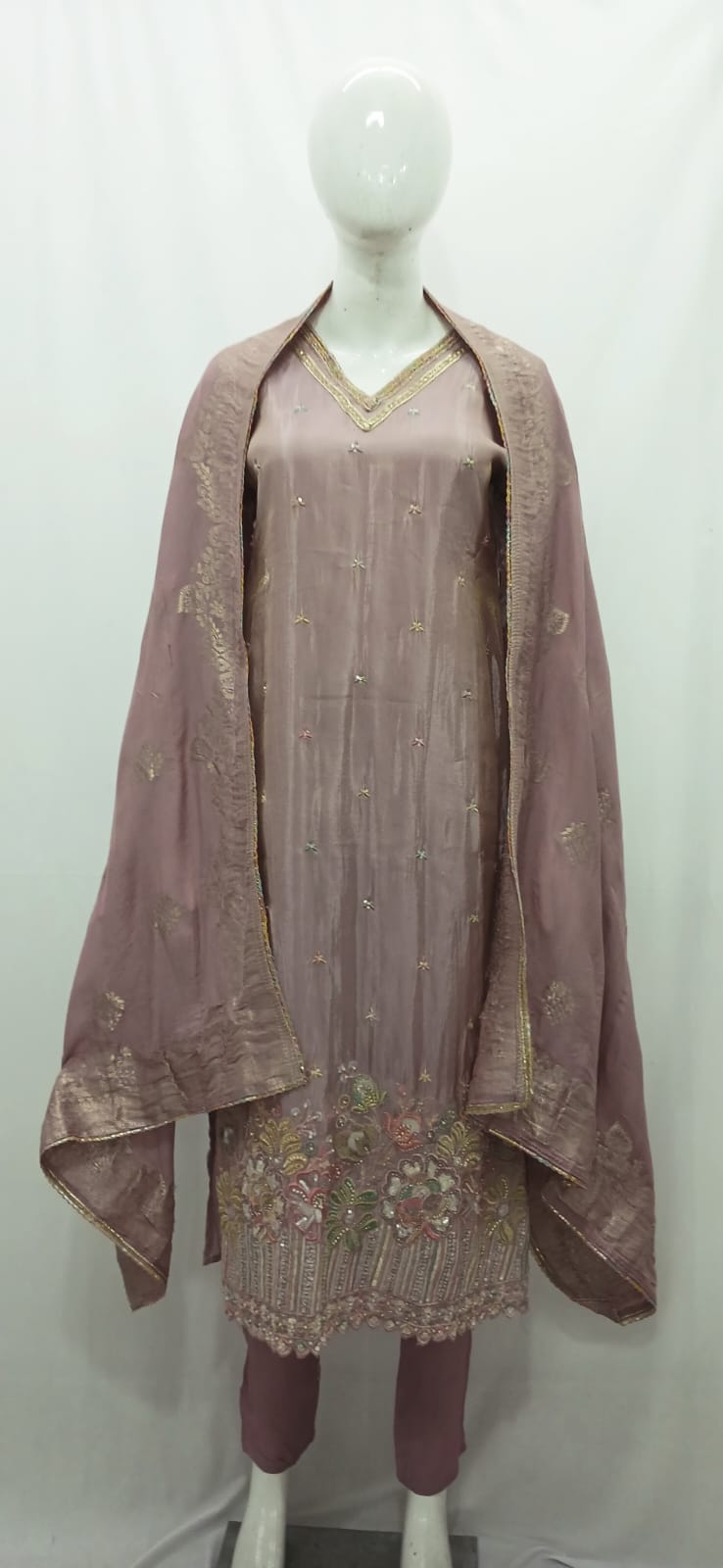 Mauve-Taupe Silk Salwar Suit Set with Organza Border & Dupatta