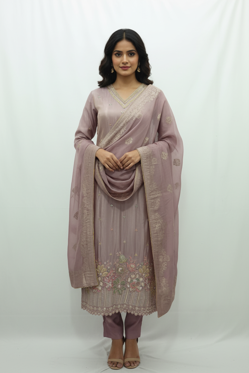 Mauve-Taupe Silk Salwar Suit Set with Organza Border & Dupatta
