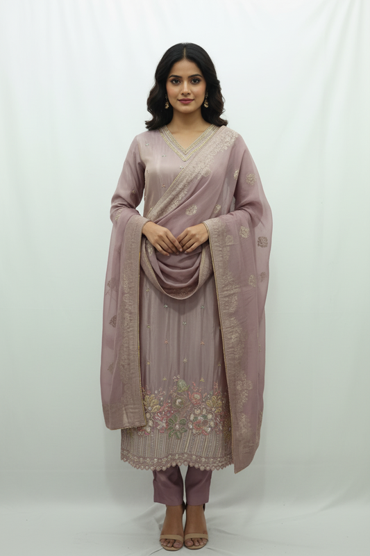 Mauve-Taupe Silk Salwar Suit Set with Organza Border & Dupatta