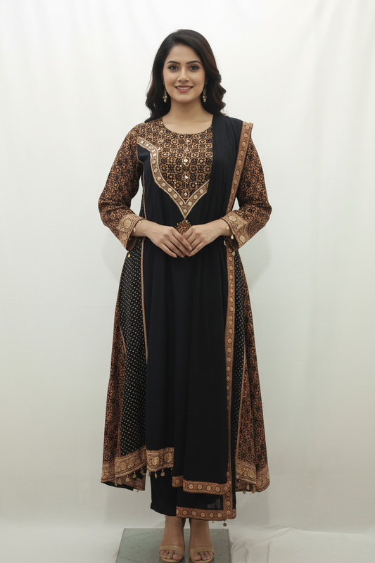 Regal Jet Black & Ajrakh Print Anarkali Suit Set with Dupatta