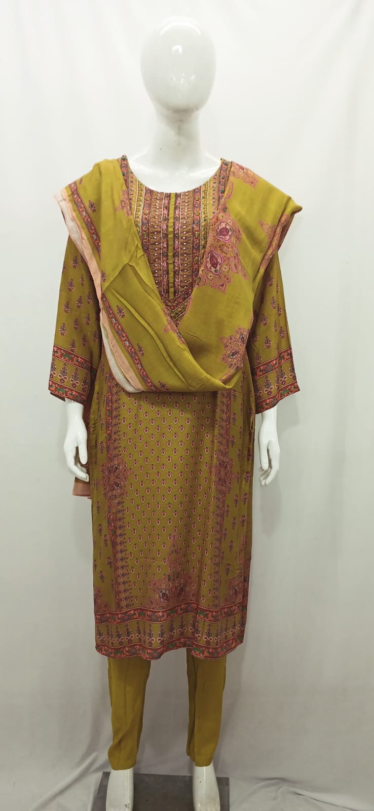 Olive-Mustard All-Over Micro Print Salwar Suit Set with Dupatta