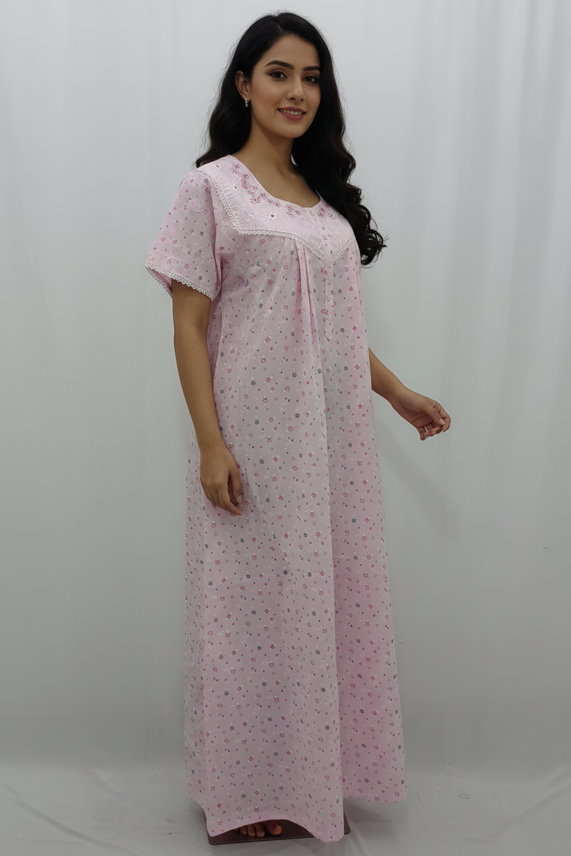 Premium Soft Cotton Embroidered Floral Nighty