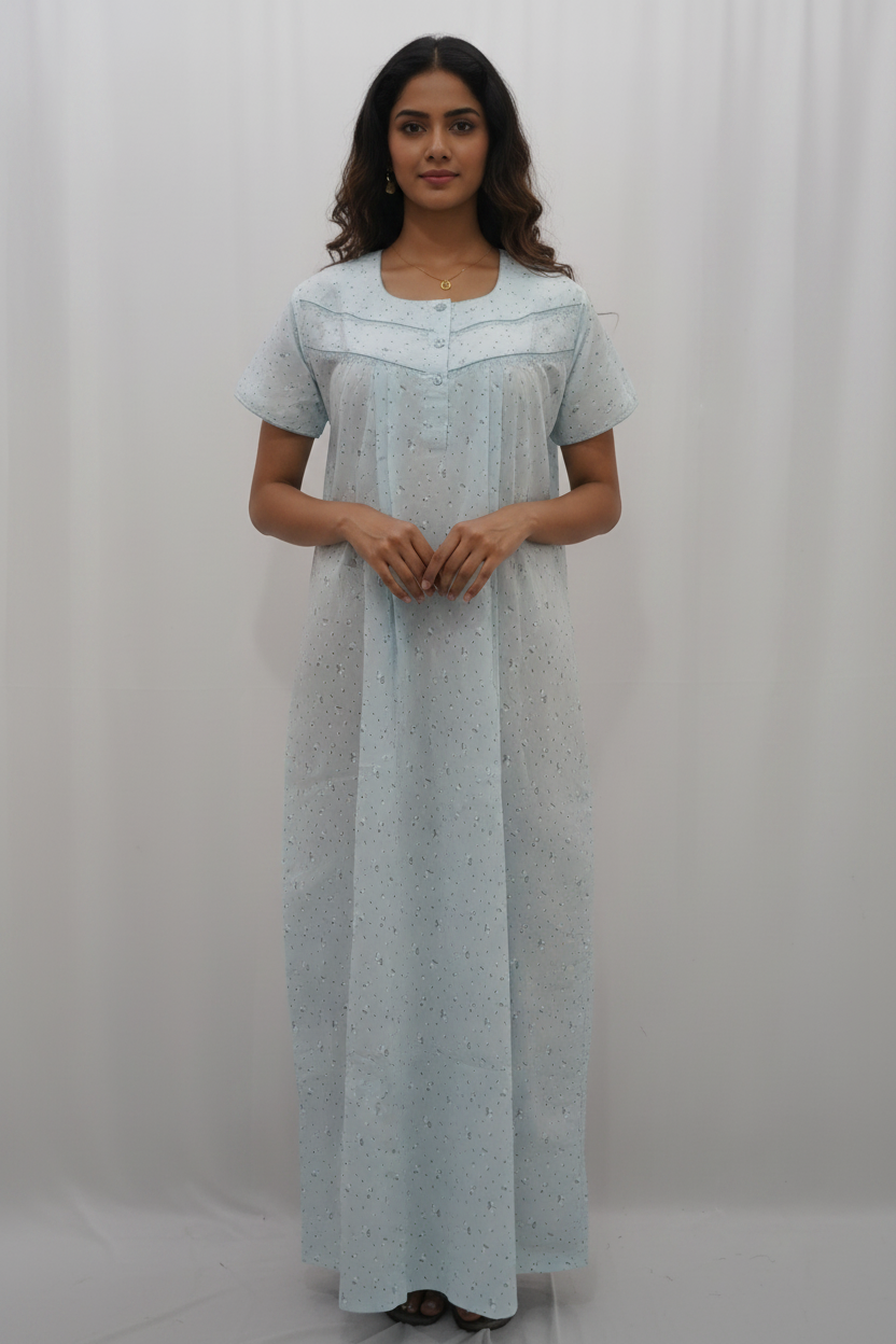 Soft Cotton Pastel Maxi Nightgown with Delicate Lace Yoke