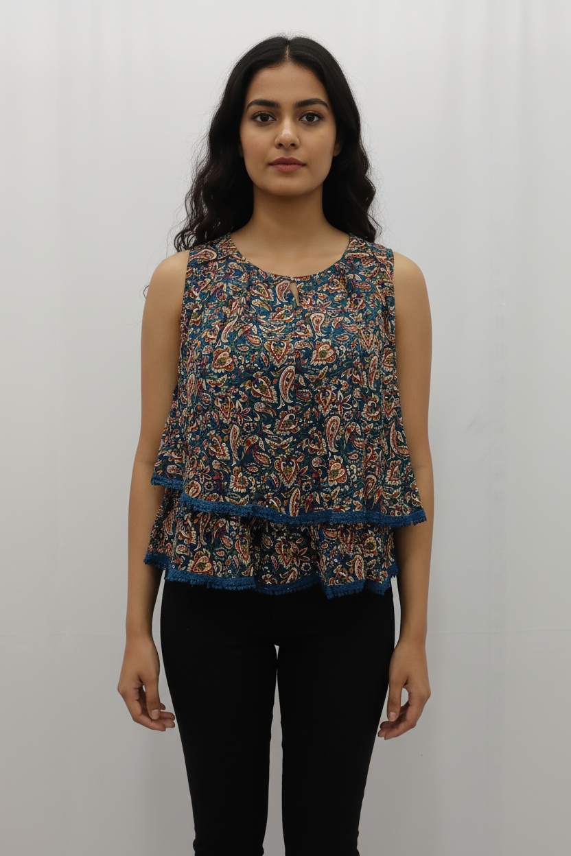 Printed Layered Sleeveless Short Kurti