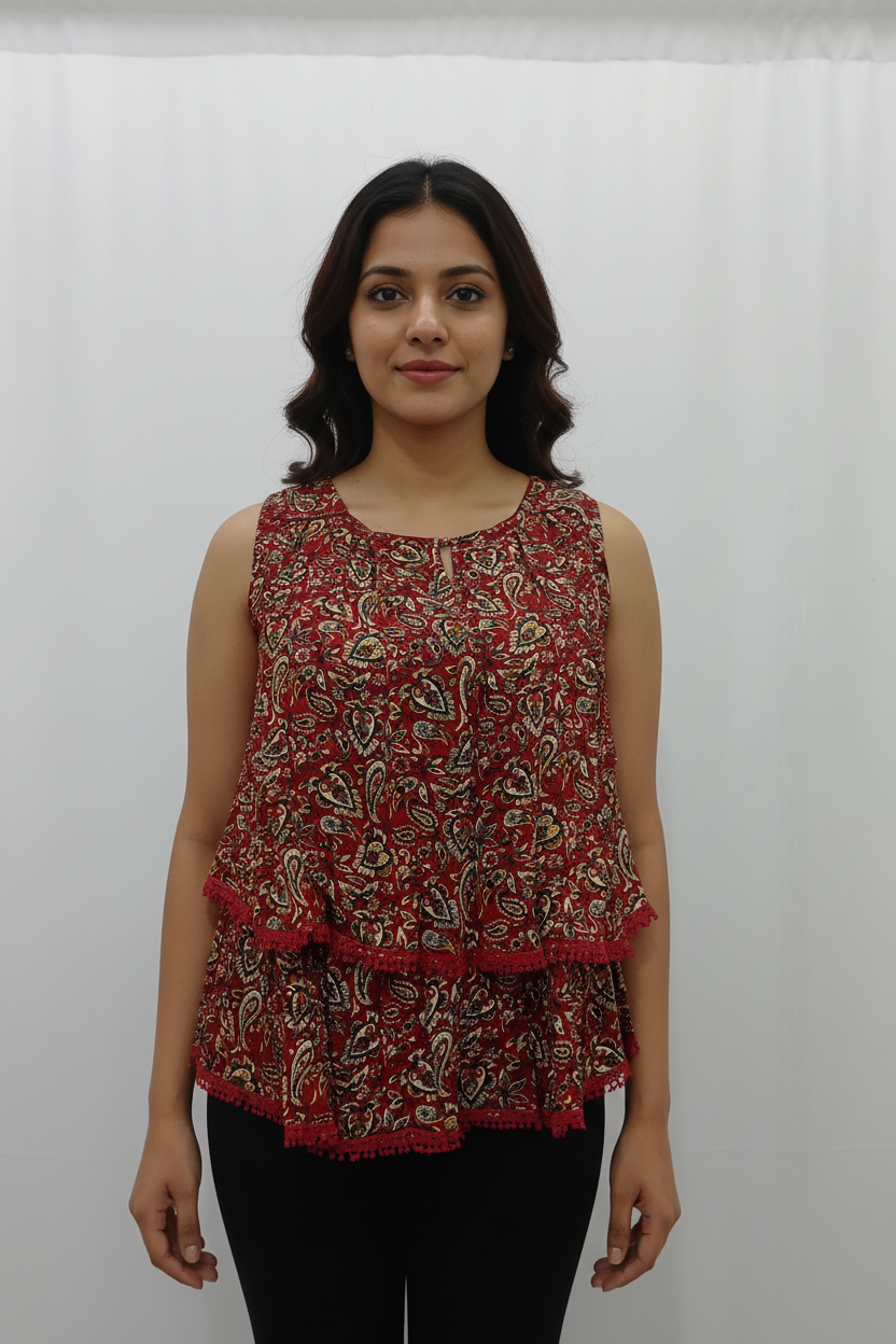 Printed Layered Sleeveless Short Kurti