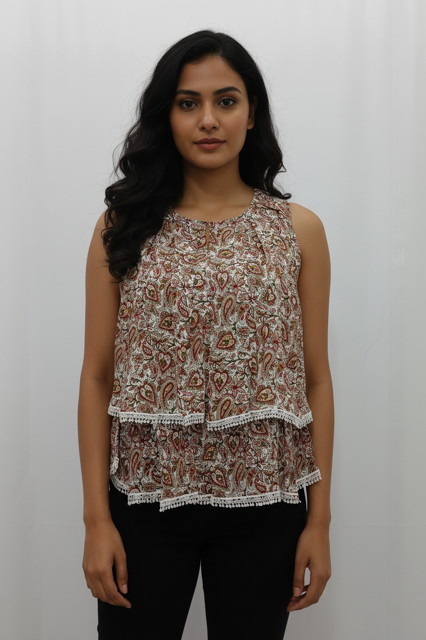 Printed Layered Sleeveless Short Kurti