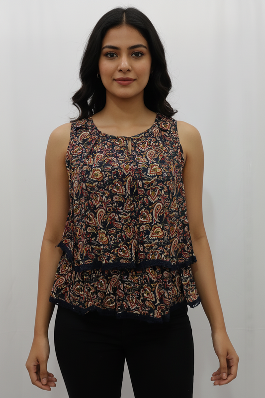 Printed Layered Sleeveless Short Kurti