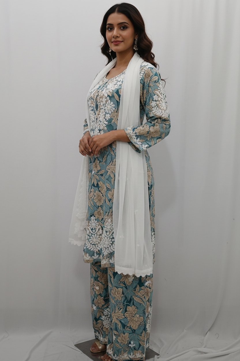 Premium Georgette Kashmiri Embroidered Kurti Set with Dupatta