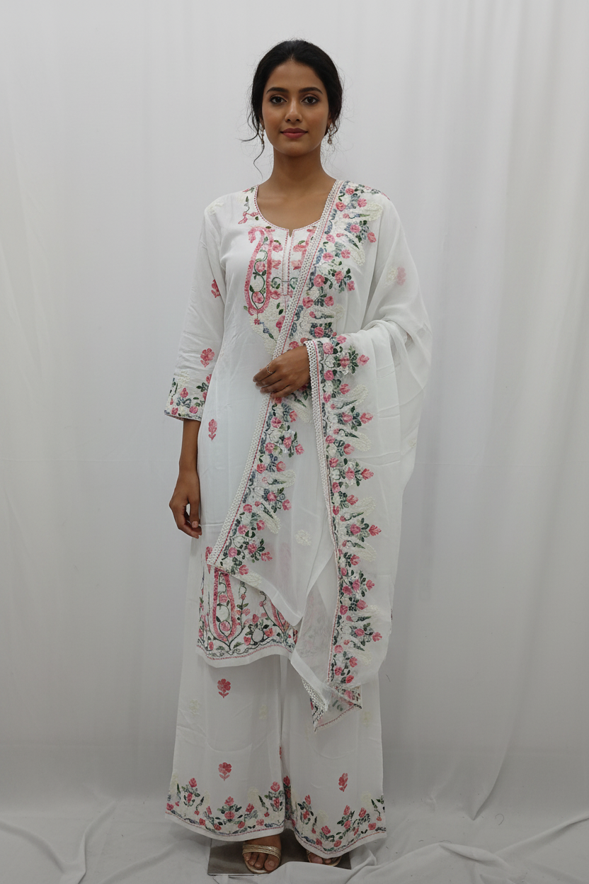 Premium Georgette Kashmiri Embroidered Kurti Set with Dupatta