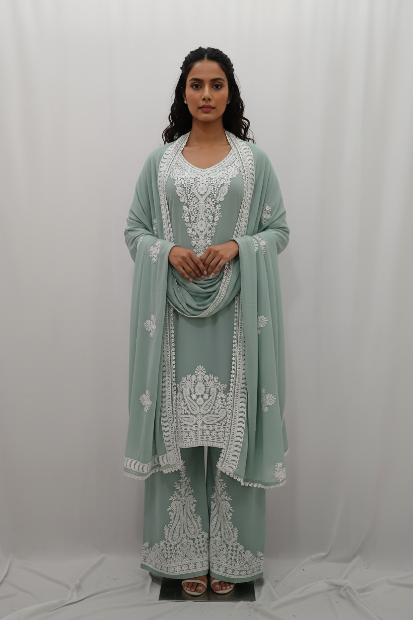 Premium Georgette Kashmiri Embroidered Kurti Set with Dupatta