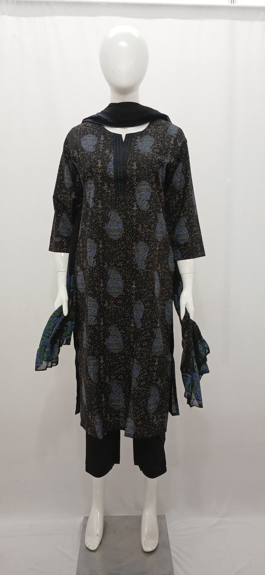 Black Printed Pure Cotton 3-Piece Kurti Set