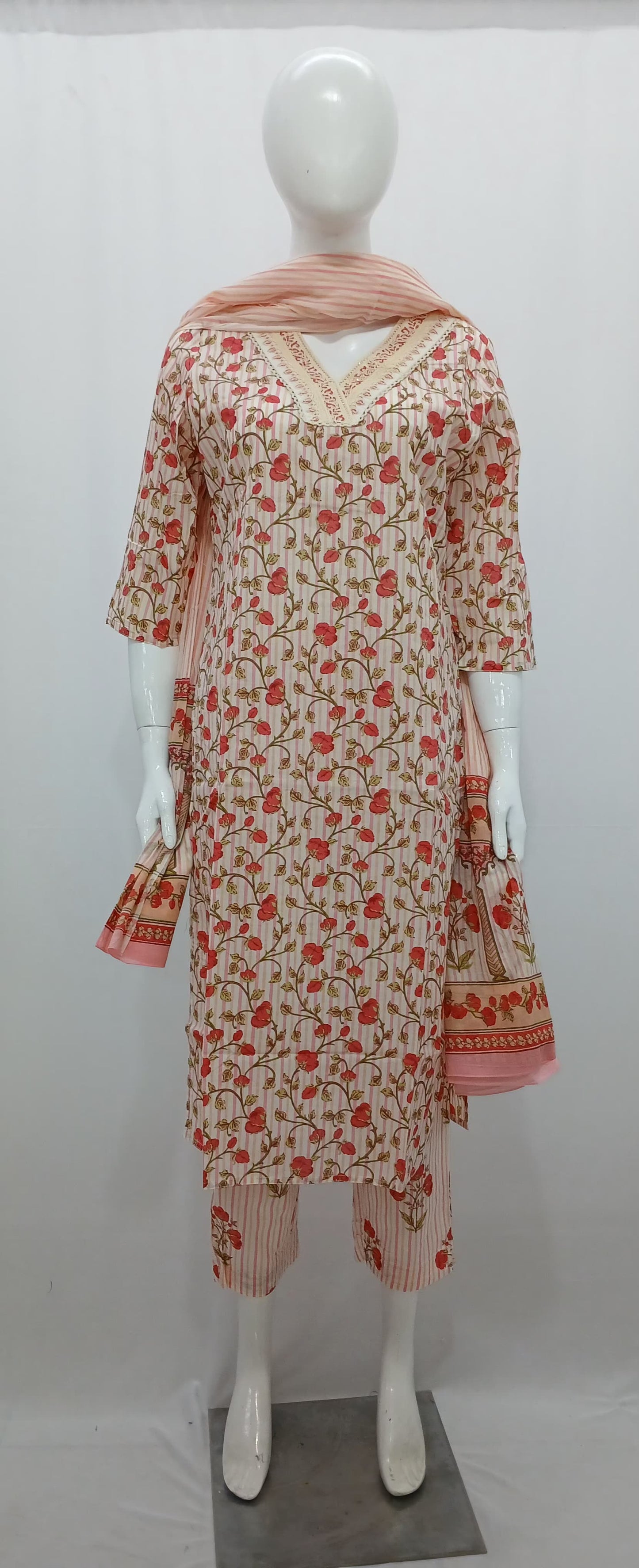 Elegant Floral Striped Cotton 3-Piece Kurti Set in Off-White and Pink