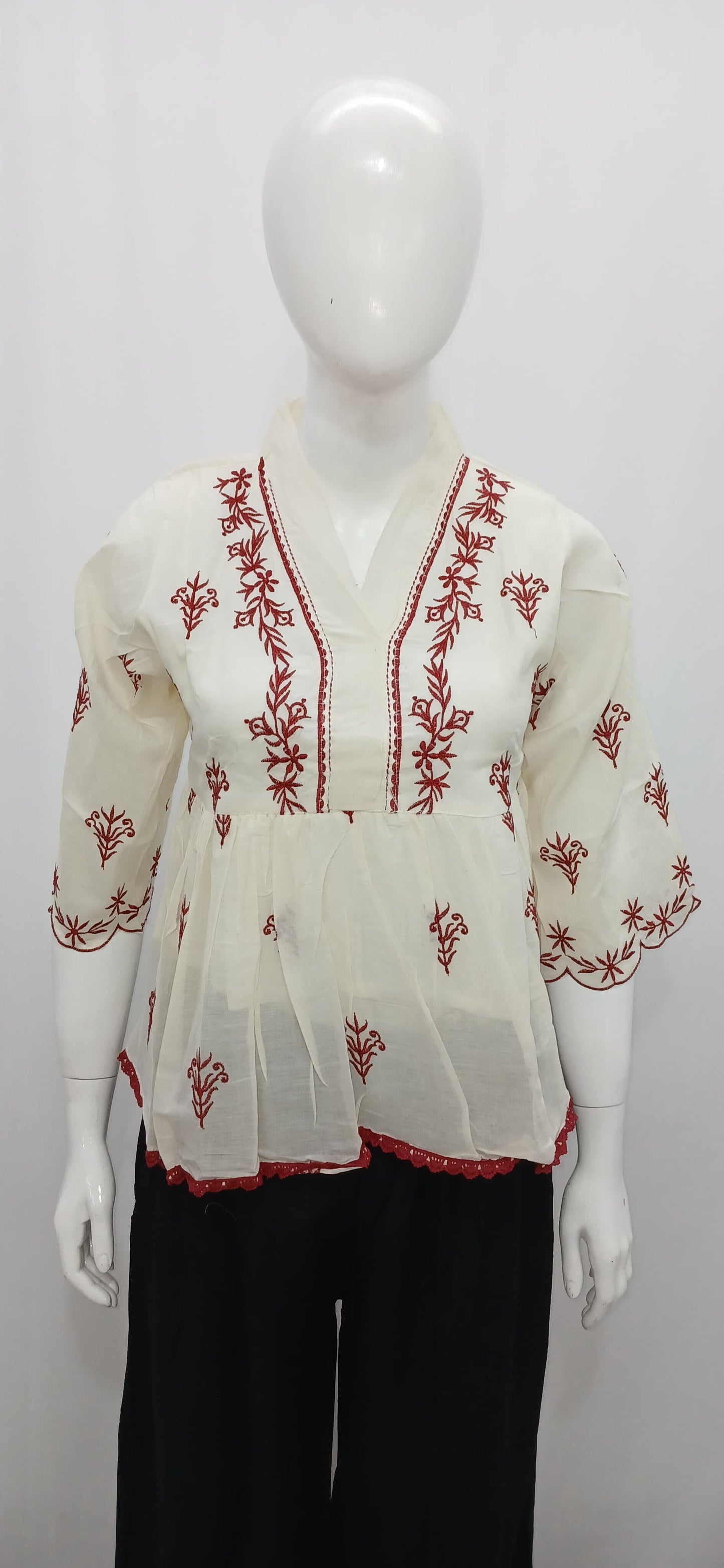Off-White Embroidered Cotton Peplum Tunic Top