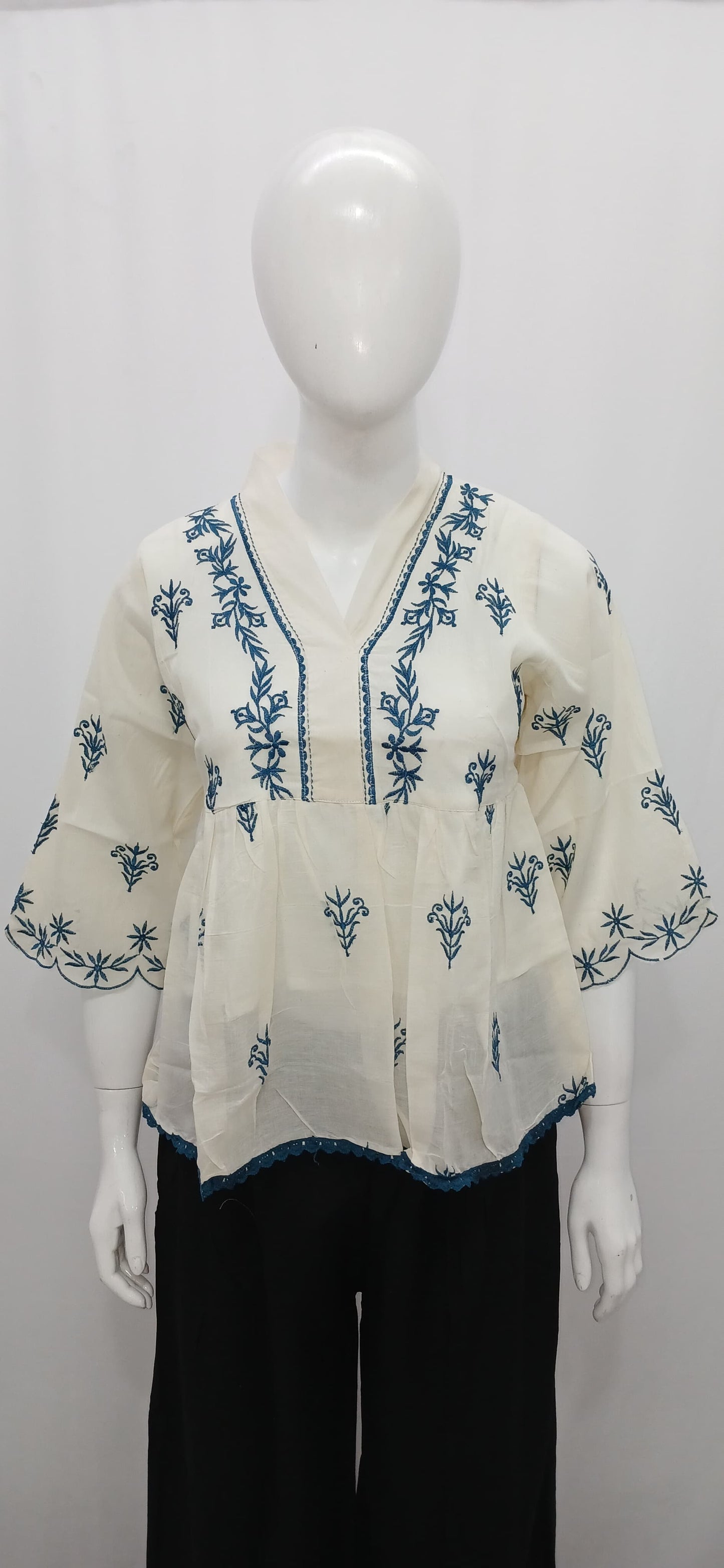 Off-White Embroidered Cotton Peplum Tunic Top