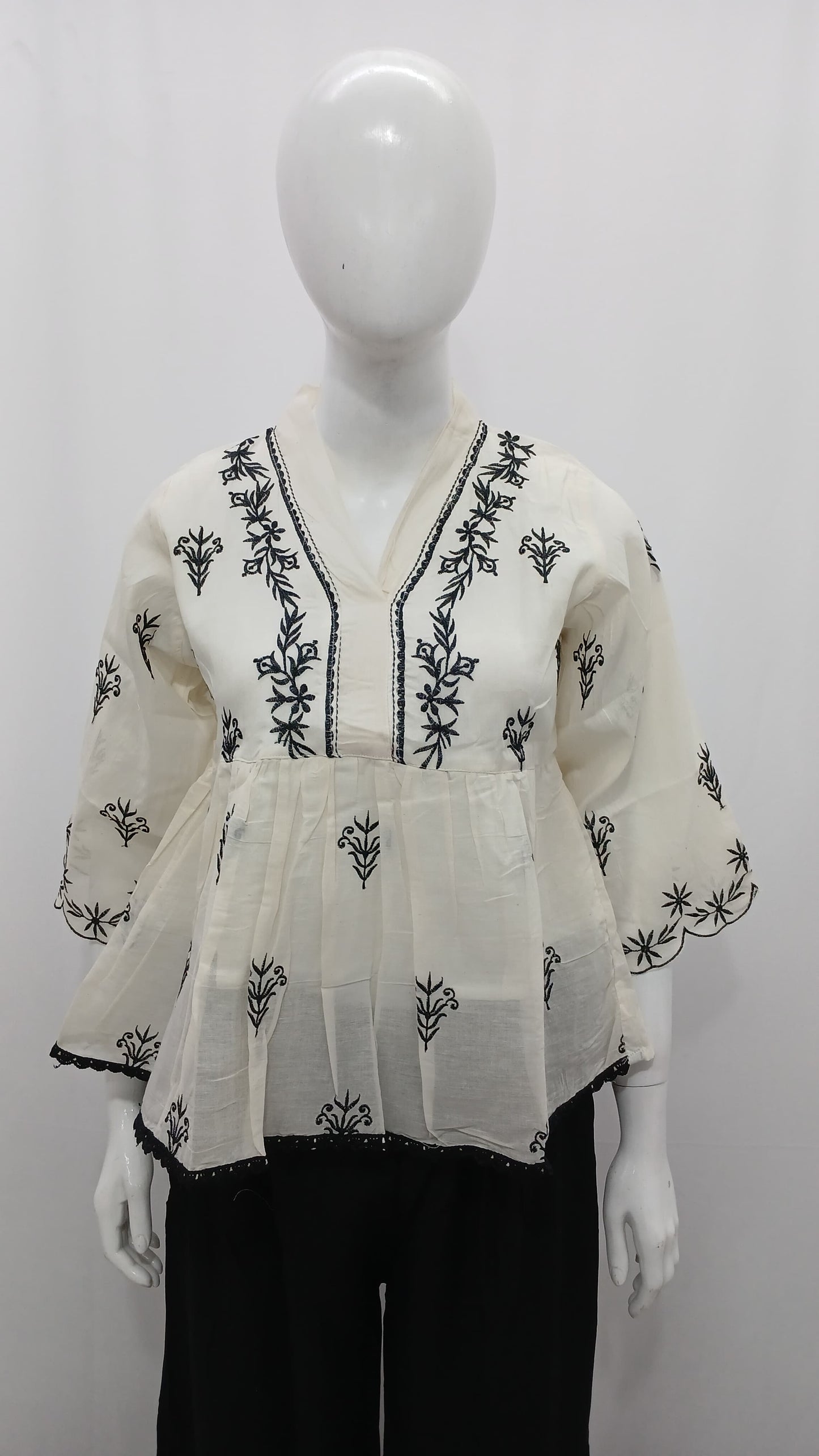 Off-White Embroidered Cotton Peplum Tunic Top
