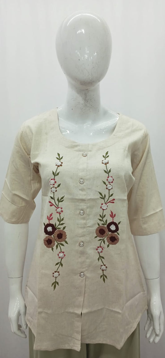 Ivory Khadi-Textured Twin Vine Floral Embroidered Short Kurti