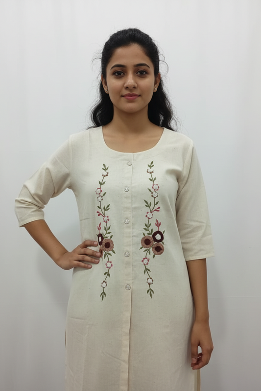 Ivory Khadi-Textured Twin Vine Floral Embroidered Short Kurti