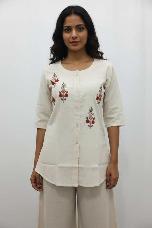 Ivory Khadi-Textured Floral Embroidered Short Kurti