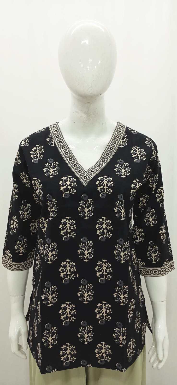Jet Black Floral Tree Block Print Short Kurti with V-Neck