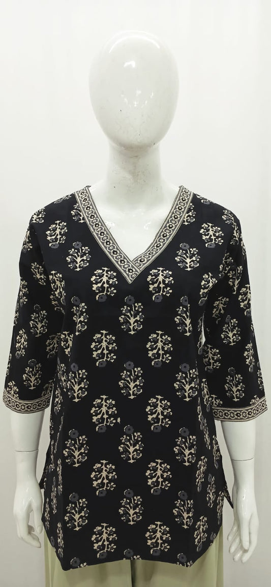 Jet Black Floral Tree Block Print Short Kurti with V-Neck