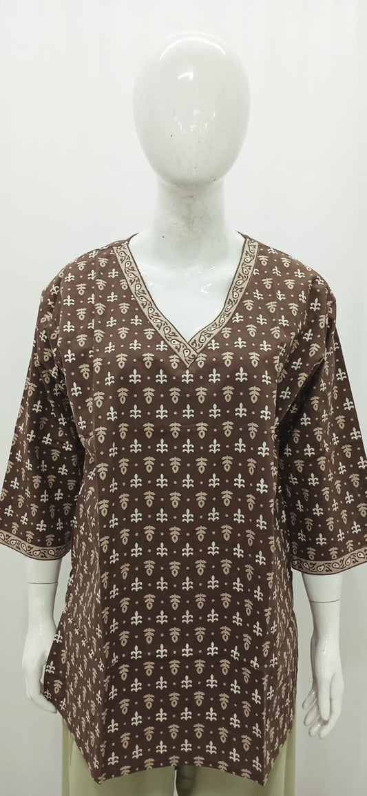 Earthy Chocolate Brown Dabu-Style Block Print Short Kurti