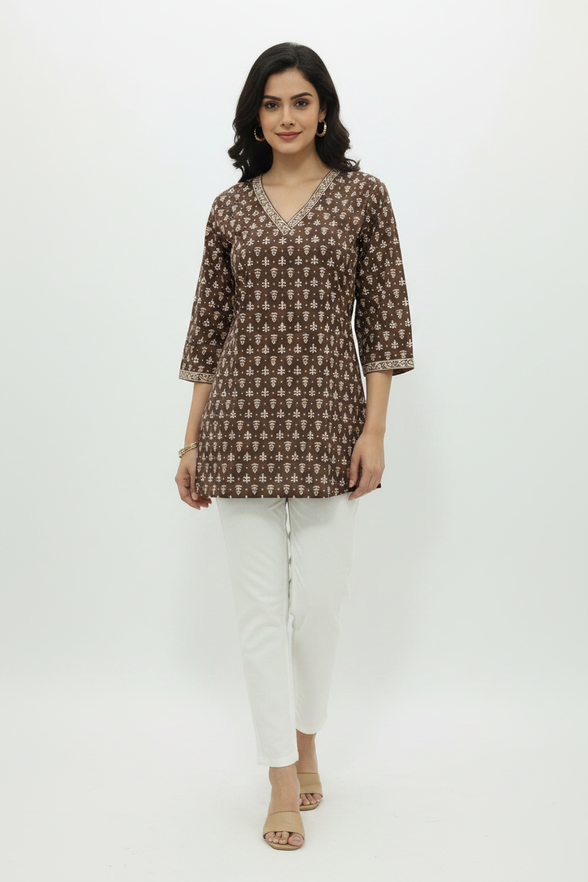 Earthy Chocolate Brown Dabu-Style Block Print Short Kurti