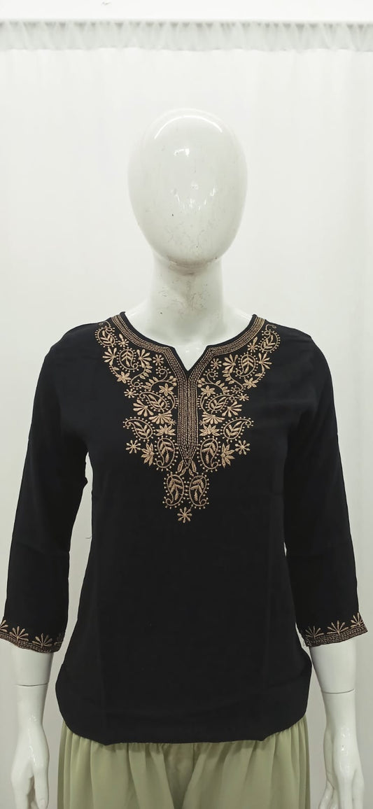 Elegant Jet Black Short Kurti with Antique Gold Embroidery