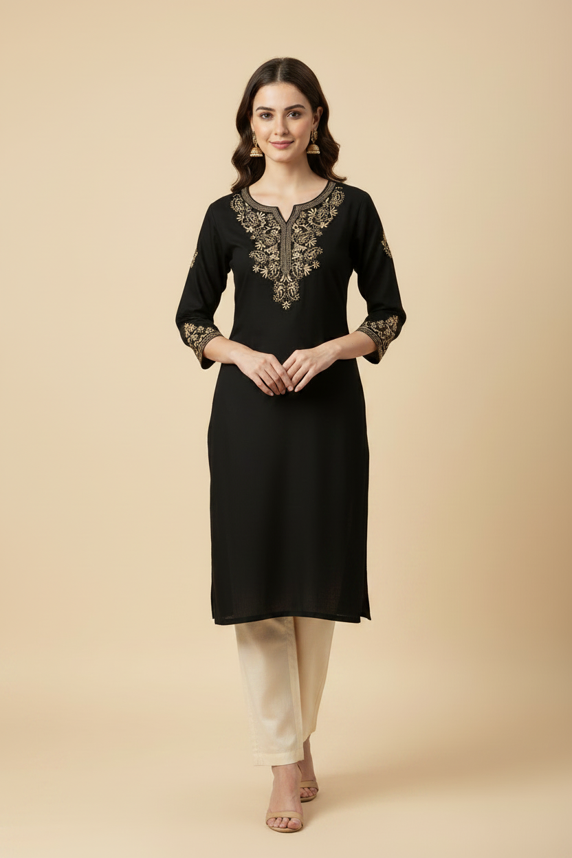 Elegant Jet Black Short Kurti with Antique Gold Embroidery