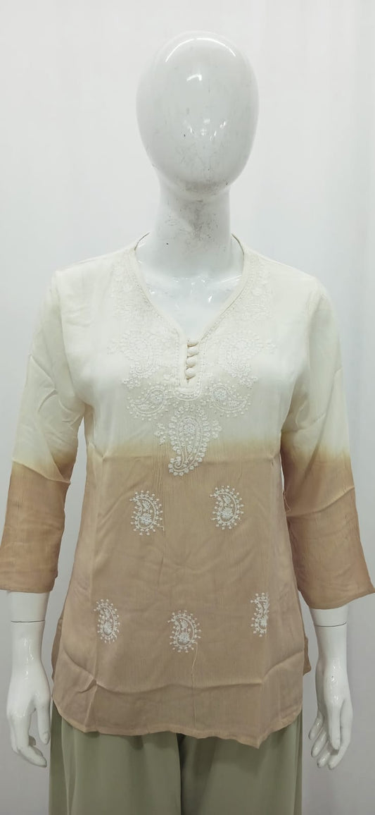 Ombre Ivory & Beige Chikankari-Inspired Short Kurti
