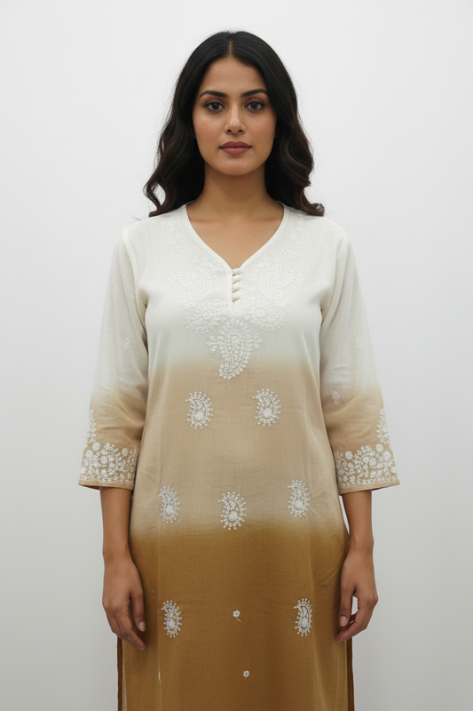 Ombre Ivory & Beige Chikankari-Inspired Short Kurti