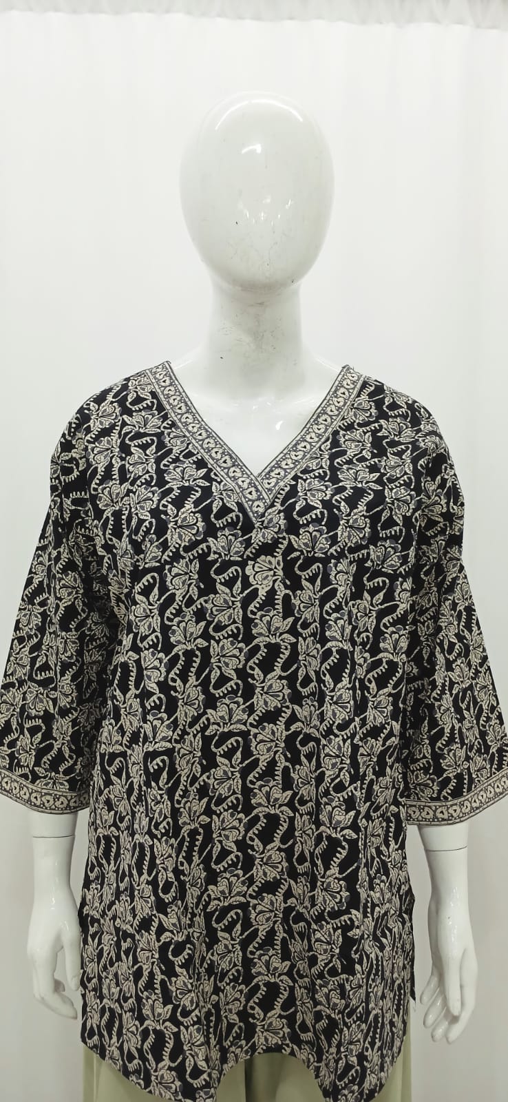 Charcoal Black Floral Block Print Short Kurti with V-Neck