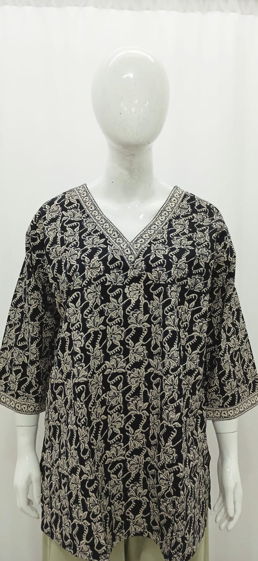 Charcoal Black Floral Block Print Short Kurti with V-Neck