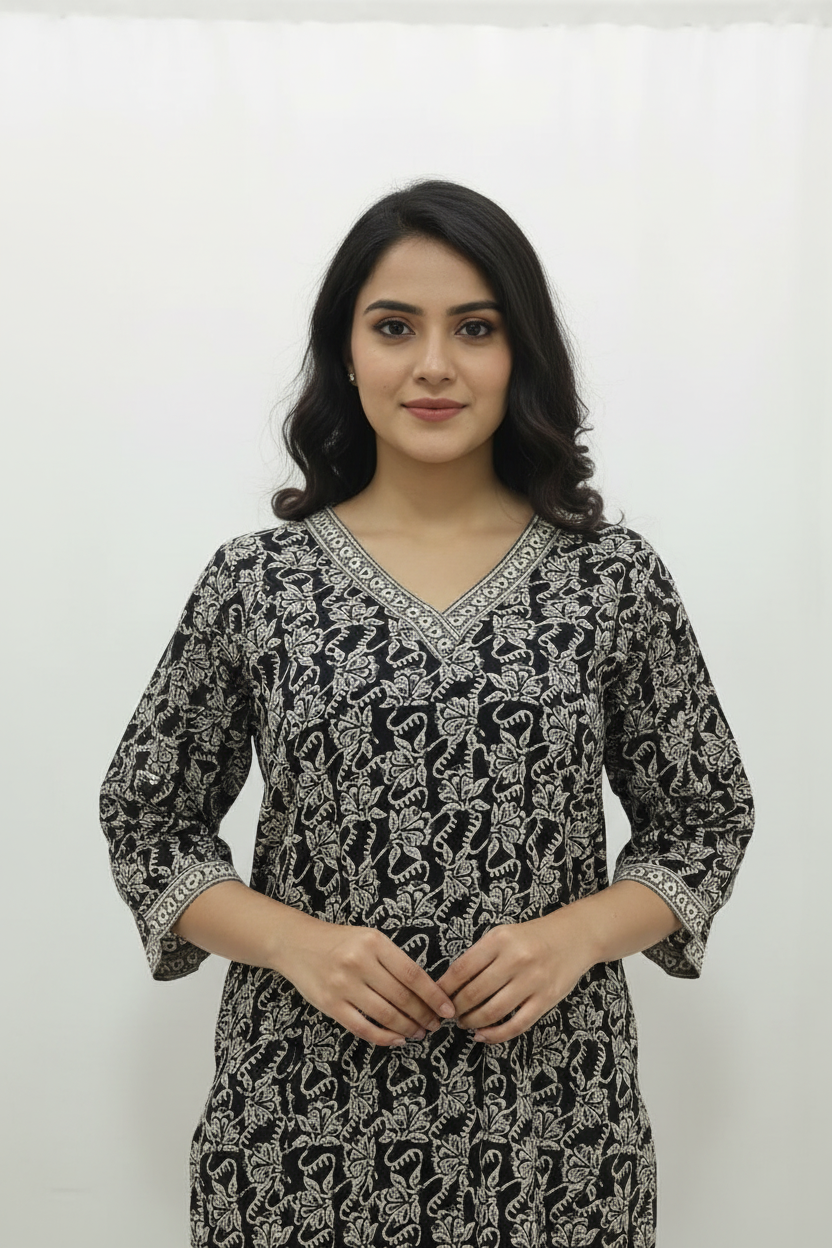 Charcoal Black Floral Block Print Short Kurti with V-Neck