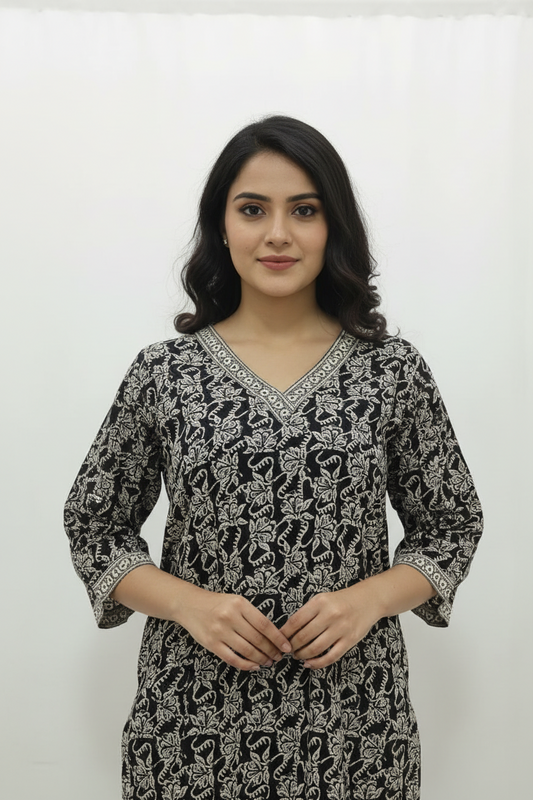 Charcoal Black Floral Block Print Short Kurti with V-Neck
