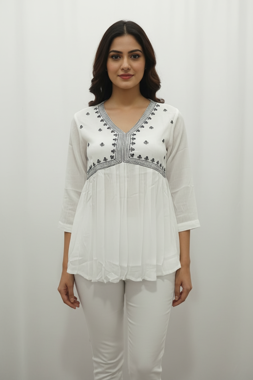 Crisp White Embroidered Empire-Line Short Kurti
